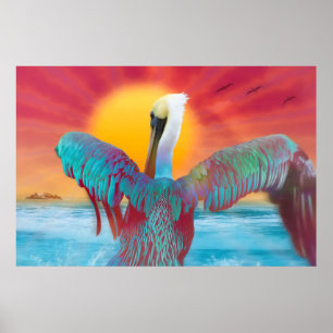 Brown Pelican ISLAND SUNSET Poster