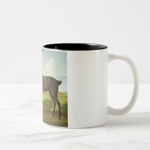 Brown-Pferd in einer hügeligen Landschaft, Zweifarbige Tasse