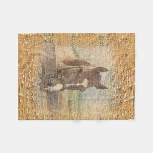 Brown-Pferd mit dem Halter auf altem Holz Fleecedecke (Vorderseite (Horizontal))