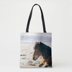 BROWN PFERDE AUF GRASS IN DER NÄHE DES STRANDES TASCHE