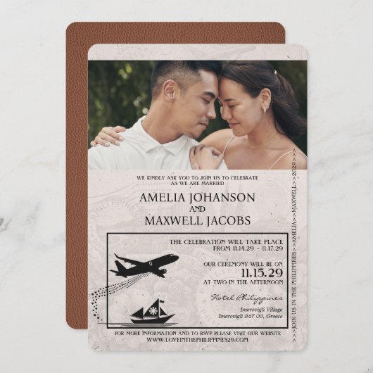Brown Philippines Passport Wedding Einladung (Vorne/Hinten)