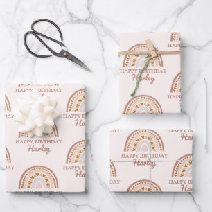 Brown Pink Boho Rainbow Individuelle Name Geburtst Geschenkpapier Set