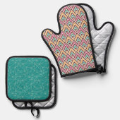 BROWN PINK ORANGE TURQUOISE GEOMETRIC PATTER OFENHANDSCHUH & Topflappen-Set (Vorderseite/Rückseite)