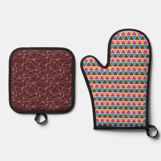 BROWN PINK ORANGE TURQUOISE GEOMETRIC PATTER OFENHANDSCHUH & Topflappen-Set (Vorderseite)