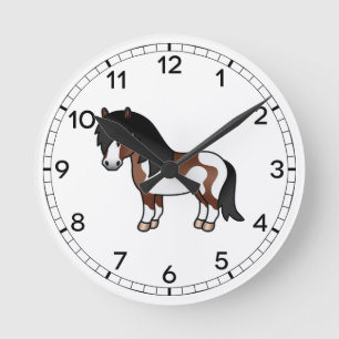 Brown Pinto Shetland Pony Cartoon Illustration Runde Wanduhr