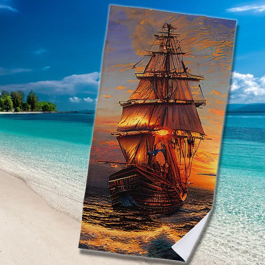 Brown Pirate Sailing Ship Blue Orange Sky Strandtuch