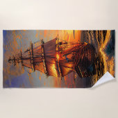 Brown Pirate Sailing Ship Blue Orange Sky Strandtuch (Vorderseite)