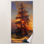 Brown Pirate Sailing Ship Blue Orange Sky Strandtuch (Vorderseite)