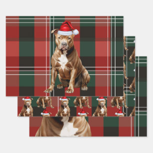 Brown Pit Bull Christmas Dog Red Green Kariert Geschenkpapier Set