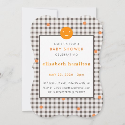Brown Plaid & Orange Dots Baby Shower Invitation Einladung (Vorderseite)