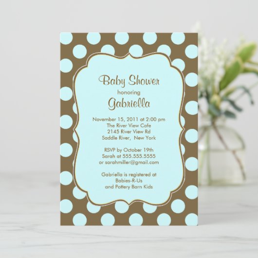 Brown Polka Dots Boy Baby Shower Einladung (Stehend Vorderseite)