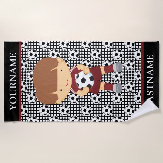 Brown Polka Dots Soccer Personalisierter Name Kind Strandtuch (Vorderseite)