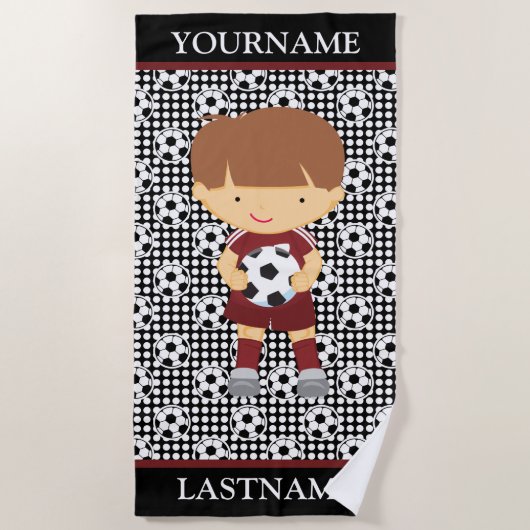 Brown Polka Dots Soccer Personalisierter Name Kind Strandtuch (Vorderseite)