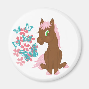 Brown-Pony mit Blumen und Schmetterlings-Magneten Magnet