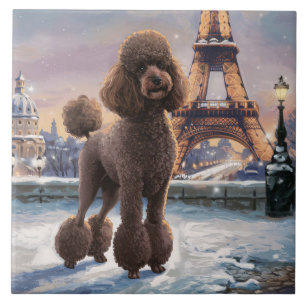 Brown Poodle Winter in Paris Malerei Kunst Fliese