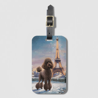 Brown Poodle Winter in Paris Malerei Kunst Gepäckanhänger