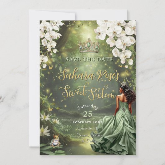 Brown Princess and Frog Sage Green Dress Sweet 16 Save The Date (Vorderseite)