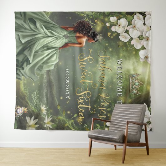 Brown Princess and Frog Sage Green Dress Sweet 16  Wandteppich (Beispiel (Horizontal))