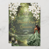 Brown Princess and Frog Sage Green Quinceanera 16 Save The Date (Vorne/Hinten)