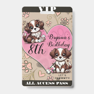 Brown Puppy Dog Pink Paw & Heart Birthday VIP Pass Ausweis