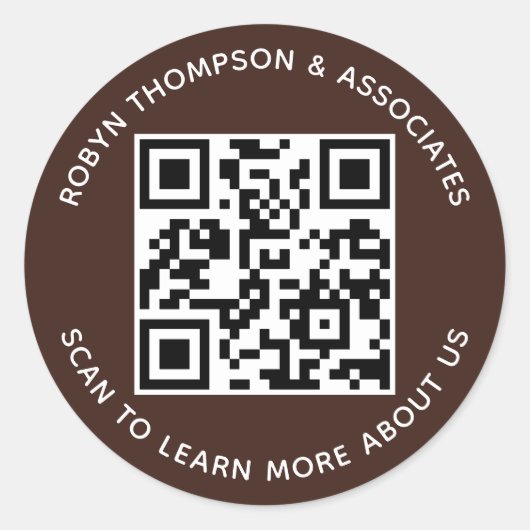 Brown QR Code Stickers Custom Business Name Round (Vorderseite)