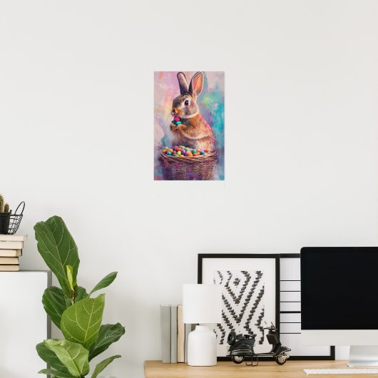 Brown rabbit eating Easter candy eggs vertical Poster (Heimbüro)