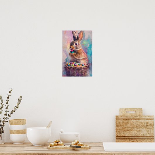Brown rabbit eating Easter candy eggs vertical Poster (Küche)