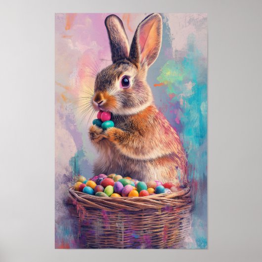 Brown rabbit eating Easter candy eggs vertical Poster (Vorne)
