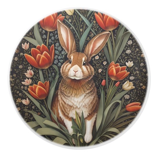 Brown Rabbit Red Tulips William Morris Inspired Keramikknauf (Vorderseite)