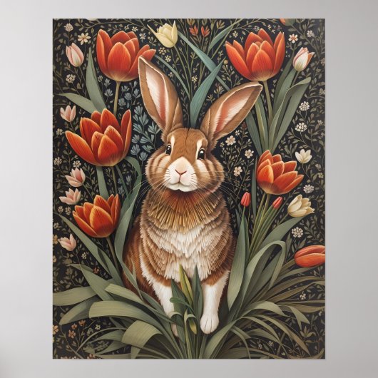 Brown Rabbit Red Tulips William Morris Inspiriert Poster (Vorne)