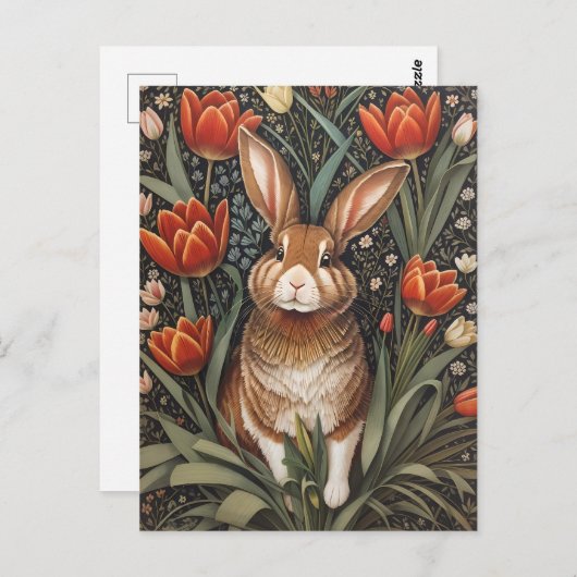 Brown Rabbit Red Tulips William Morris Inspiriert Postkarte (Vorne/Hinten)