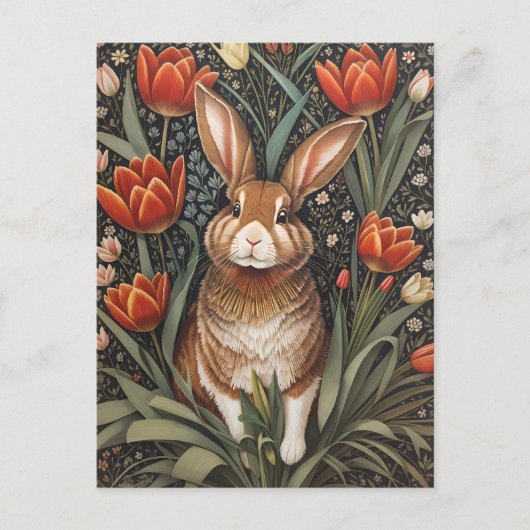 Brown Rabbit Red Tulips William Morris Inspiriert Postkarte (Vorderseite)