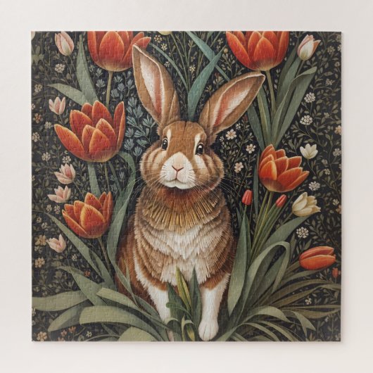 Brown Rabbit Red Tulips William Morris Inspiriert Puzzle (Vertikal)
