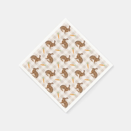 Brown Rabbits And Carrots Rustic Beige Gingham Serviette (Ecke)