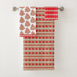 Brown Red Christmas Gingerbrett Pattern Badhandtuch Set