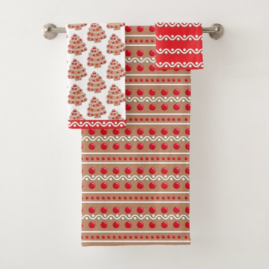 Brown Red Christmas Gingerbrett Pattern Badhandtuch Set (Insitu)