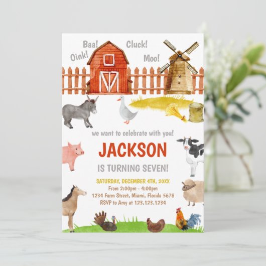 Brown Red Farm Animals Birthday Invitations Einladung (Stehend Vorderseite)