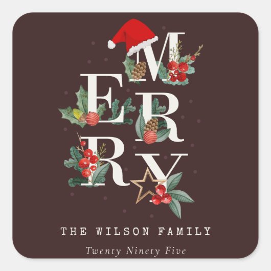Brown Red Green White Frohe Weihnachtsfoliage Quadratischer Aufkleber (Vorderseite)