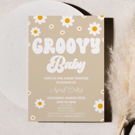 Brown Retro Daisy Blume Groovy Babydusche Einladung