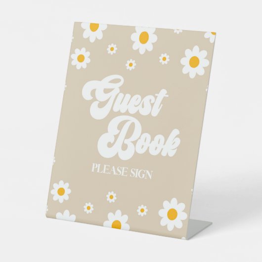 Brown Retro Daisy Blume Guest Book Party Sign Sockelschild (Vorderseite)