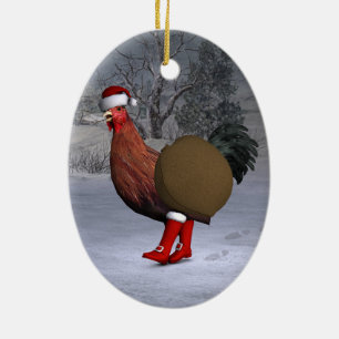 Brown Rooster Santa Claus Keramikornament