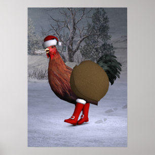 Brown Rooster Santa Claus Poster