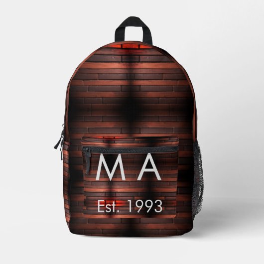Brown rustic brick stone add name letter year date bedruckter rucksack (Vorderseite)