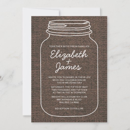 Brown Rustic Burlap Mason Jar Wedding Einladungen (Vorderseite)