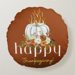 Brown Rustic Happy Thanksgiving Floral Pumpkin Rundes Kissen