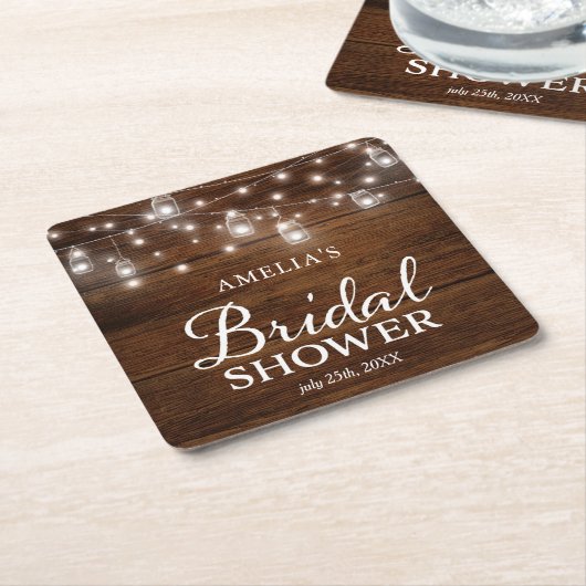 Brown Rustic Wood Mason Jars Lights Brautparty Rechteckiger Pappuntersetzer (angewinkelt)