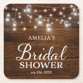 Brown Rustic Wood Mason Jars Lights Brautparty Rechteckiger Pappuntersetzer (Vorderseite)