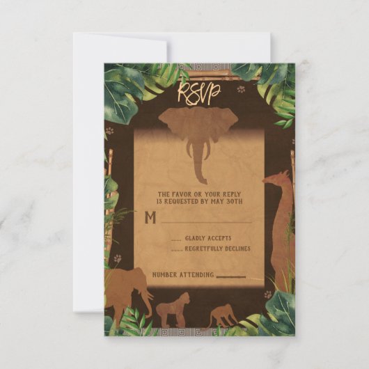 Brown Safari Jungle Zoo Animals Wedding RSVP Karte (Vorderseite)