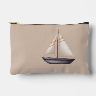 Brown Sailing Boat and Name on Beige Zubehörtasche