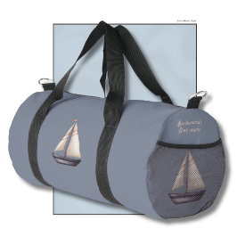 Brown Sailing Boat and Name on Gray Duffle Bag